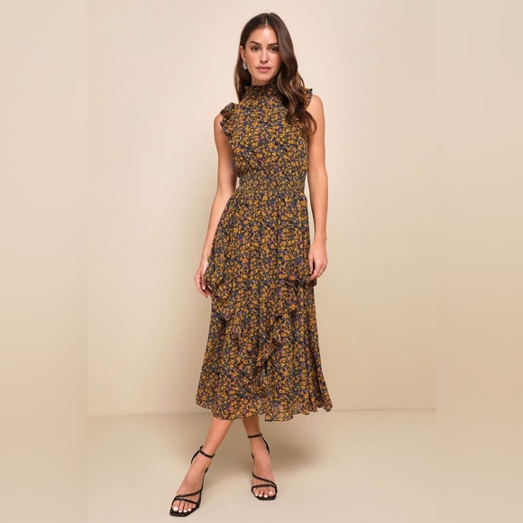 Lulus Mustard Floral Mock Neck Midi Dress 🌼 - Picture 2 of 12